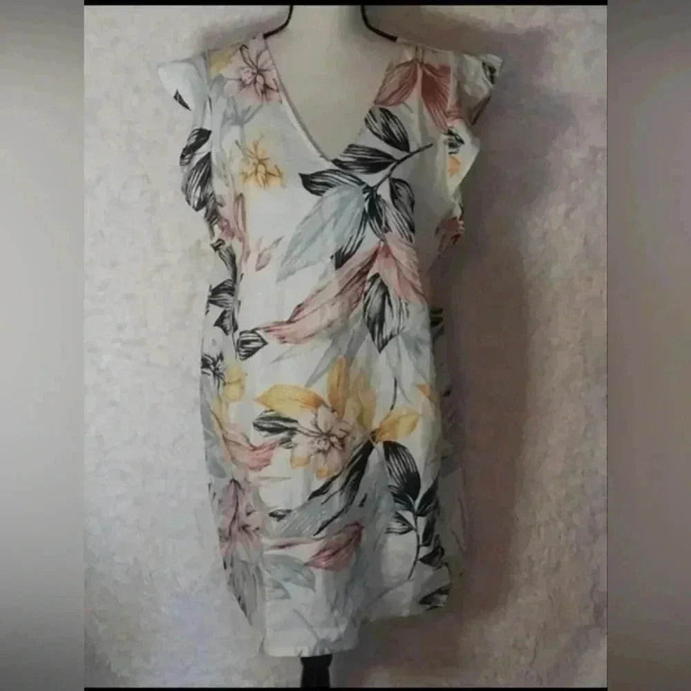 C.C California Hawaiian Print Linen Dress Poolside Beach Resortwear Vacay Tropic